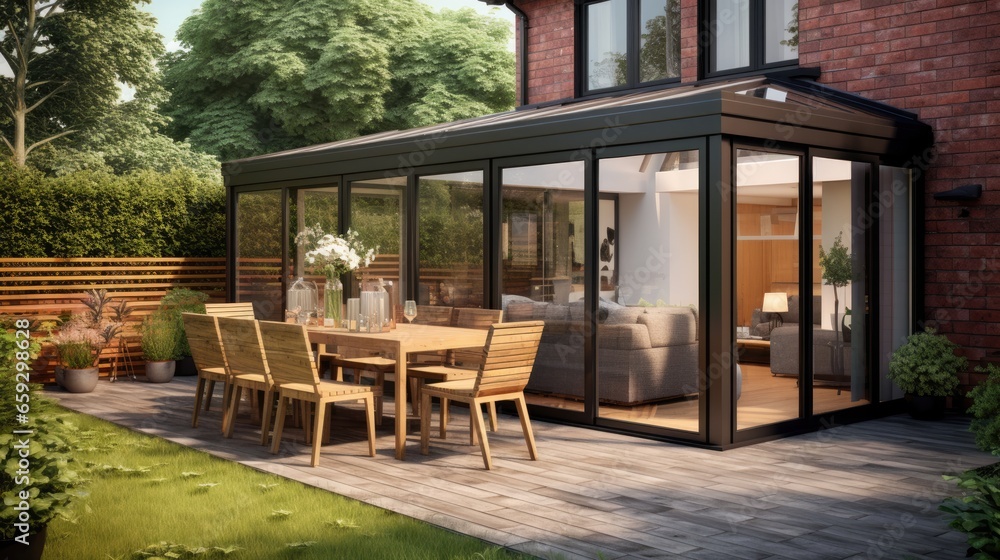 Contemporary sunroom or conservatory in the garden with a paved patio - obrazy, fototapety, plakaty 