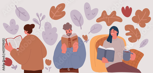 Vector illustration of Collection of people reading or students studying and preparing for examination. Set of book lovers, readers, modern literature fans