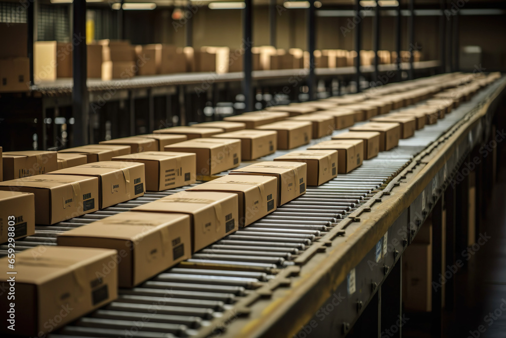 Shipping Boxes Are Running On Conveyor Belt In An Industrial Setting - Generative AI Shipping Boxes Are Running On Conveyor Belt In An Industrial Setting - Generative AI