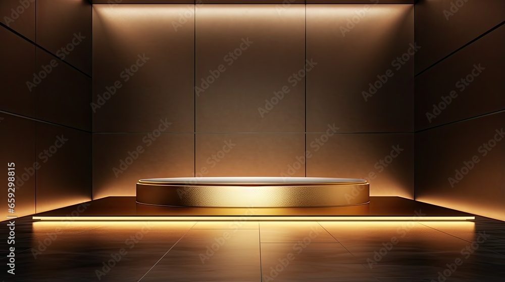 3D illustration of an interior room with a shiny spotlight on a luxury gold product display box 3D illustration of an interior room with a shiny spotlight on a luxury gold product display box