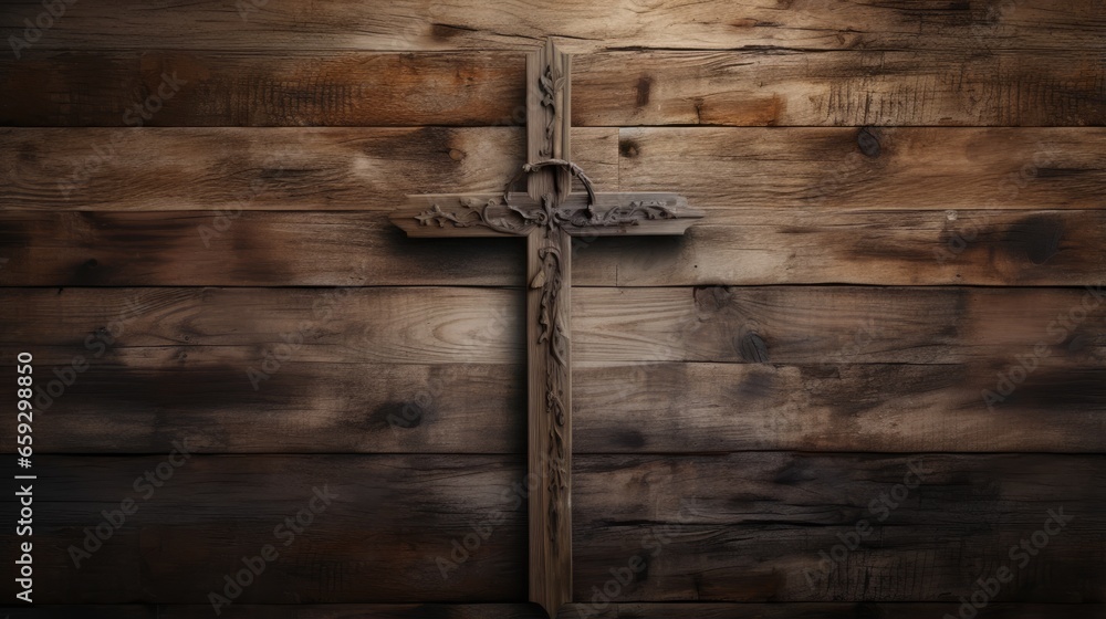 Antique wooden cross on aged backdrop