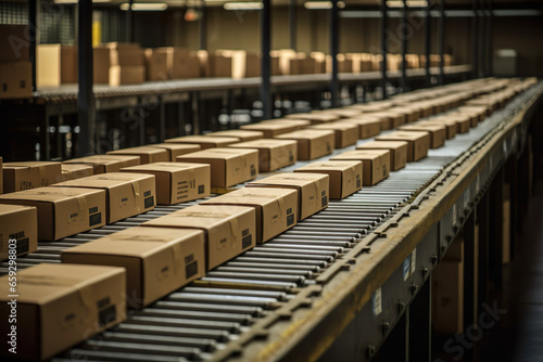 Shipping Boxes Are Running On Conveyor Belt In An Industrial Setting - Generative AI © FotoIdee