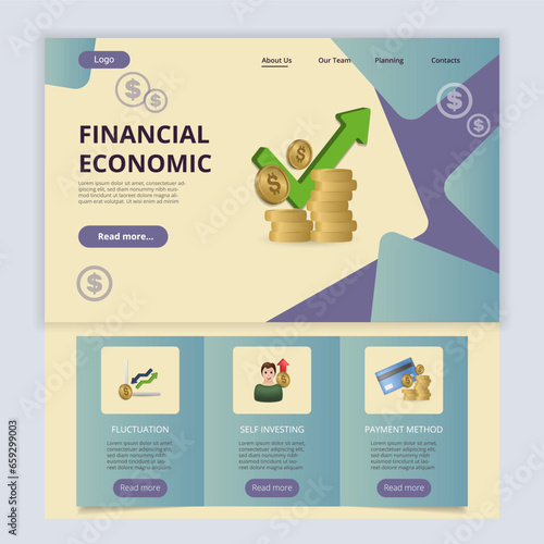 Financial economic flat landing page website template. Fluctuation, self investing, payment method. Web banner with header, content and footer. Vector illustration.