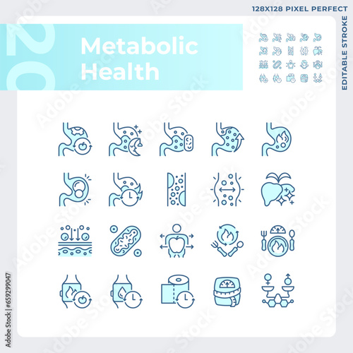 2D pixel perfect blue icons pack representing metabolic health, editable thin line illustration.