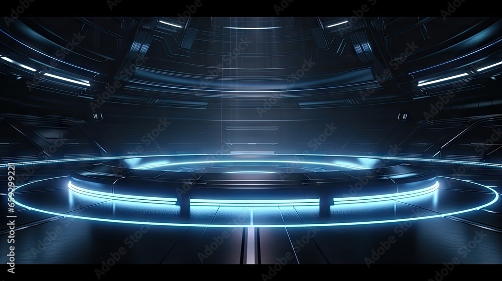 Dark futuristic hall room with neon circle light on reflective surface Dark futuristic hall room with neon circle light on reflective surface