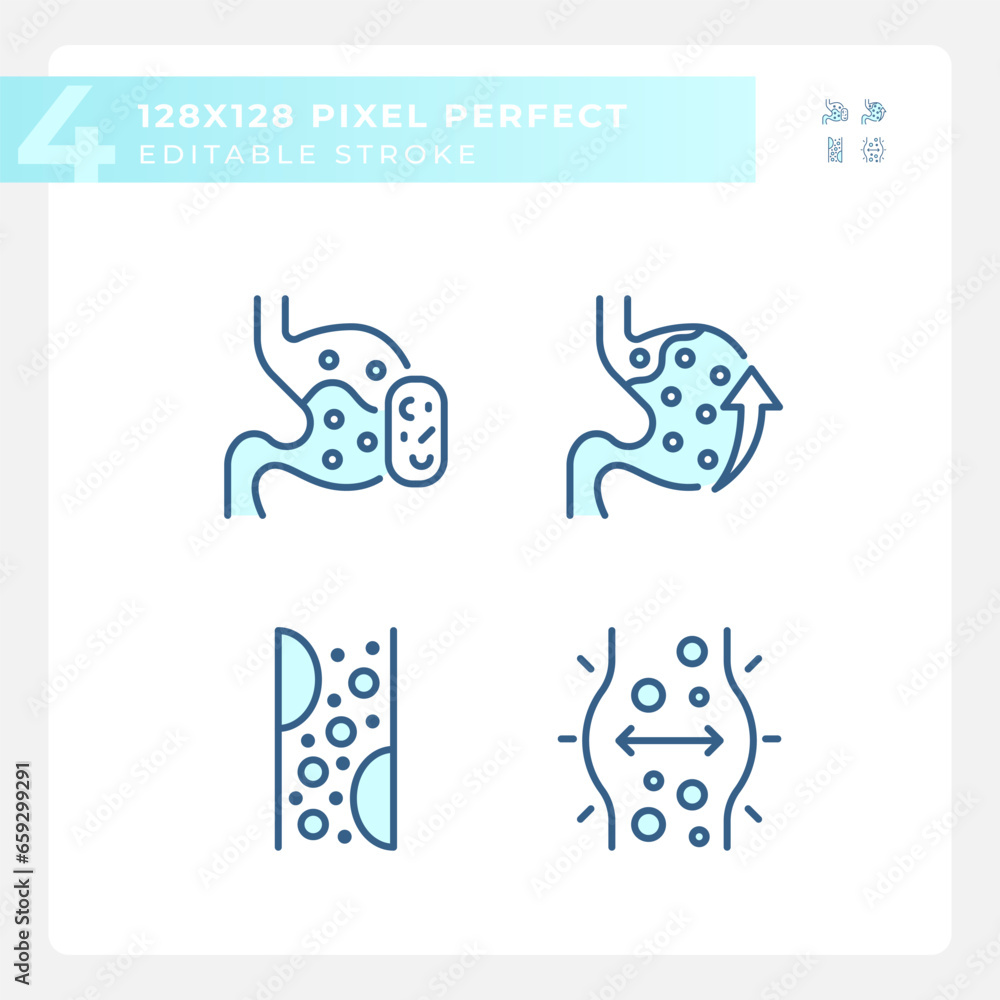 2D pixel perfect blue icons set representing metabolic health, editable thin linear illustration. 2D pixel perfect blue icons set representing metabolic health, editable thin linear illustration.