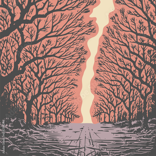 Path in an enchanted fairy forest landscape. Halloween theme background