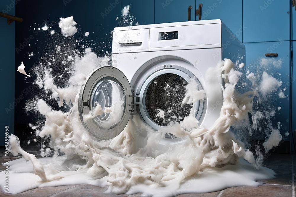 Damaged, broken automatic washing machine in the bathroom