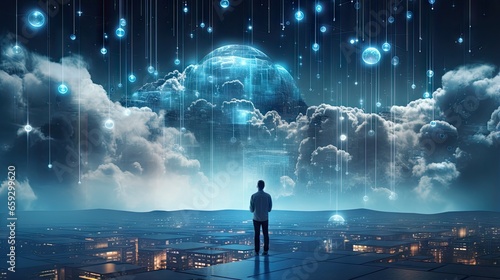 Cloud computing network cyberspace The future of technology 5G and global business working towards saving the world with an automated and programmable infrastructure as a businessman connects t
