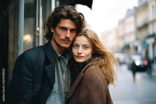 Young beautiful romantic couple hugging smile and walk on the streets of Paris, look at the camera