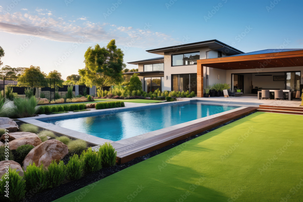 aerial view of A contemporary Australian home with a big grass yard and a pool - obrazy, fototapety, plakaty 