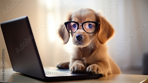 Cute dog in front of laptop exploring online world