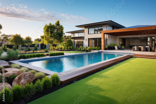 aerial view of A contemporary Australian home with a big grass yard and a pool