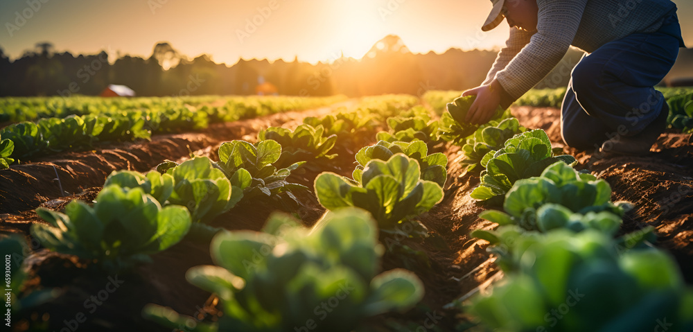 Farmer in the countryside is picking vegetables in the vegetable plot in the morning. Agriculture industry concept. - obrazy, fototapety, plakaty 