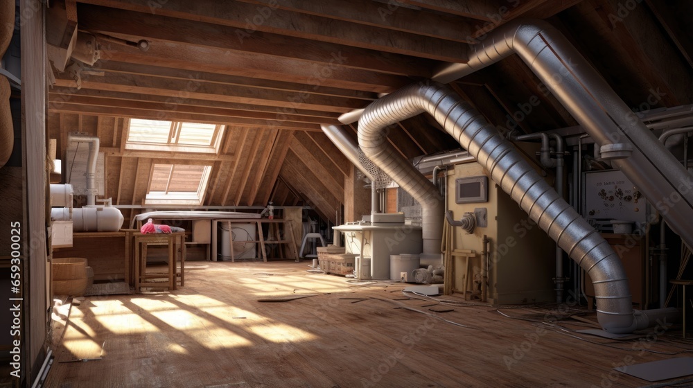 Attic installation of air conditioner and heating duct work in a framed home Attic installation of air conditioner and heating duct work in a framed home