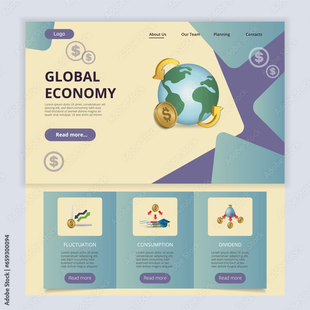 Global economy flat landing page website template. Fluctuation, consumption, dividend. Web banner with header, content and footer. Vector illustration. Global economy flat landing page website template. Fluctuation, consumption, dividend. Web banner with header, content and footer. Vector illustration.