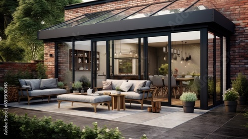 Fotografija Contemporary sunroom or conservatory in the garden with a paved patio