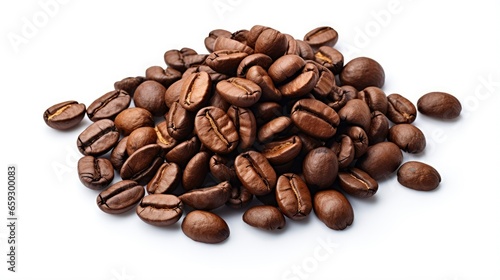 Coffee beans are stacked atop a white surface