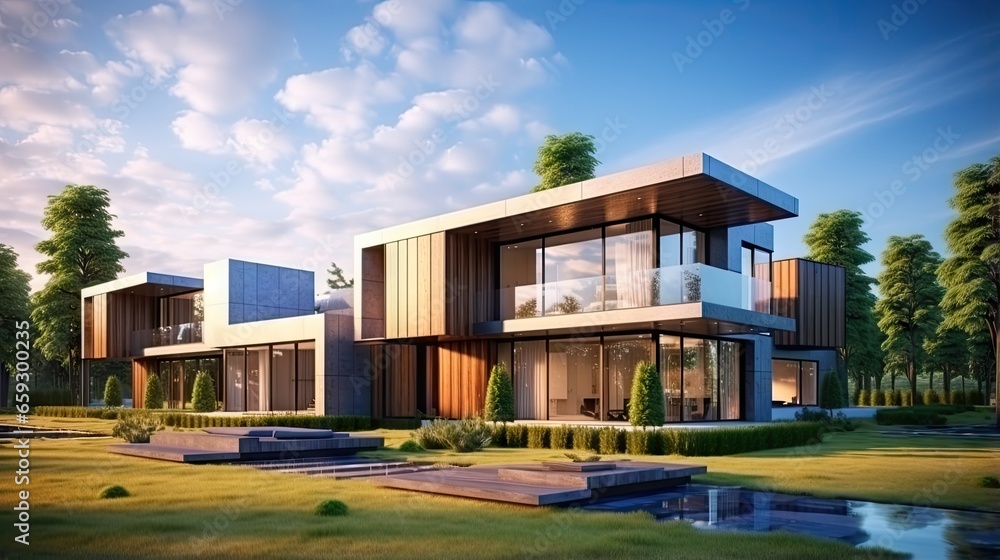 3D rendering of contemporary boxes with lawn and blue sky 3D rendering of contemporary boxes with lawn and blue sky