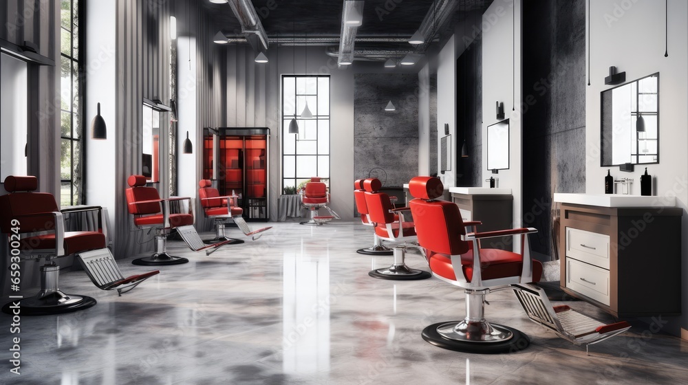 3D rendering of a healthcare and fashion themed barber shop with gray and white walls concrete floor red furniture and large mirrors