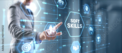 Businessman presses a button Soft Skill Business Development concept