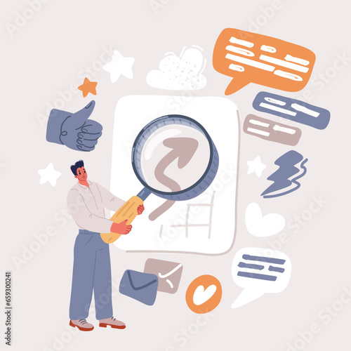 Vector illustration of man with magnifying glass and a graph financial
