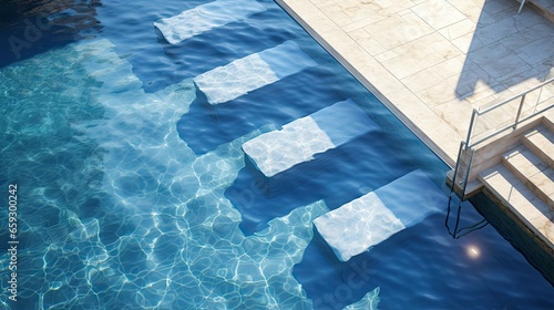 Bird s eye view of rectangular pool with transparent water stairs and cobblestone poolside © vxnaghiyev