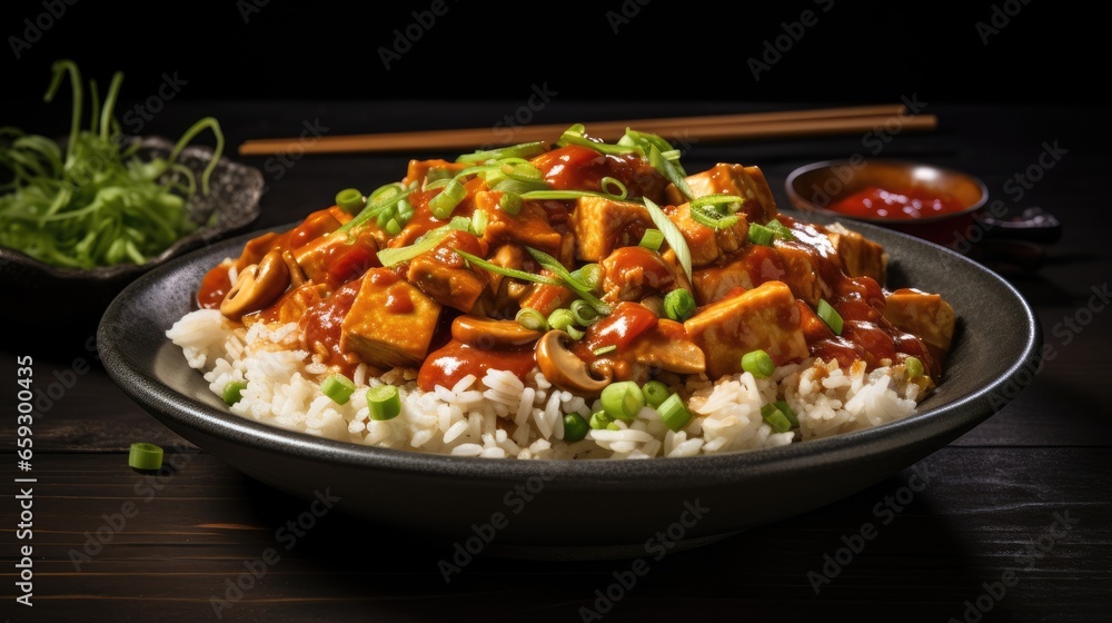 Asian Chinese vegan dish with tofu mushrooms and rice Asian Chinese vegan dish with tofu mushrooms and rice