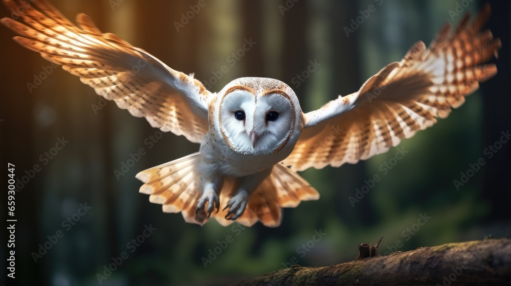 Obraz premium Barn Owl flying in forest wildlife scene