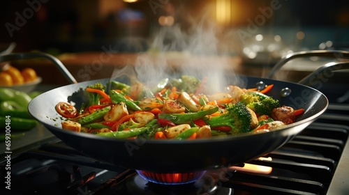 Asian style vegetarian cooking with steamed mixed vegetables in a wok emphasized close up