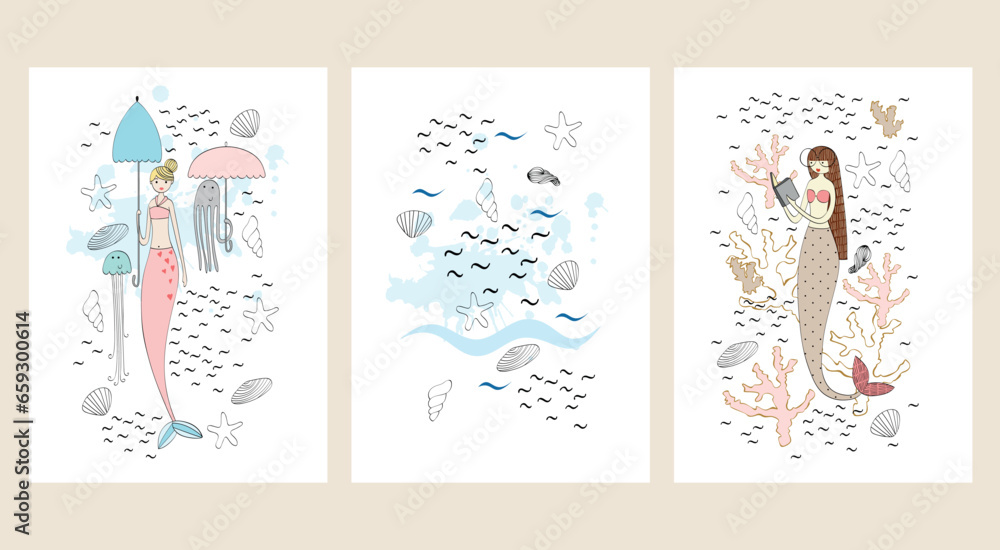 Vector posters with mermaid. Arrangements on a white background.