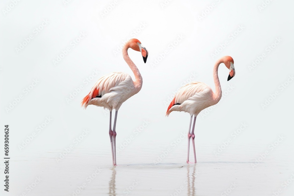 Flamingos standing alone on a plain white background. Generative AI
