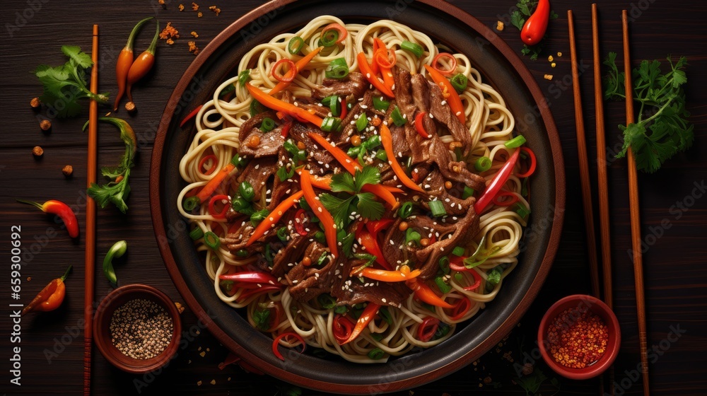 Beef carrots onions and sweet peppers on soba noodles Beef carrots onions and sweet peppers on soba noodles