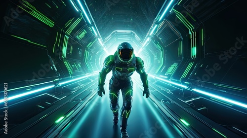 Fototapeta Naklejka Na Ścianę i Meble -  Alien in neon suit explores spaceship tunnel in Earth orbit Neon lighting enhances 3d illustration