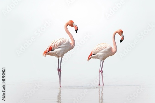 Flamingos standing alone on a plain white background. Generative AI © Ilya