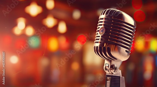 Blurry colorful lighting in the background of a pub and restaurant with a retro microphone