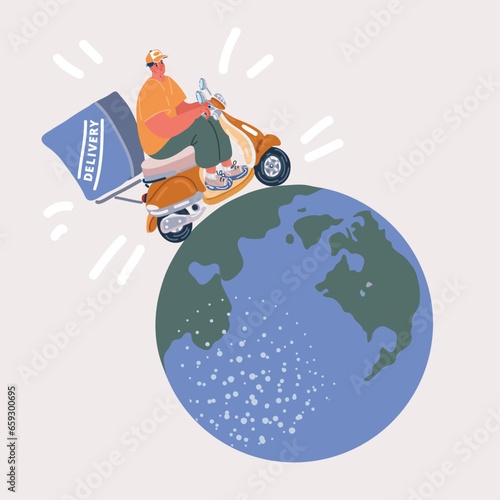 Vector illustration of Icon of cargo delivery around the world. Delivery service by moto transport. Man ride bike scooter around the world.