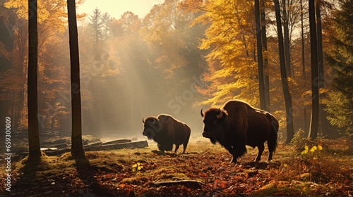 Autumn scene in Bialowieza NP Poland Wildlife with European bison in their natural habitat amidst yellow leaves © vxnaghiyev