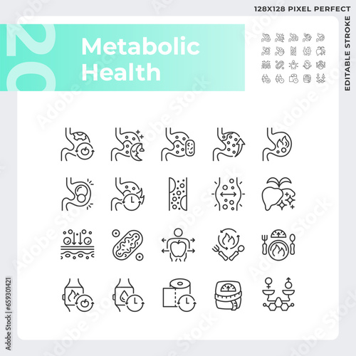 2D pixel perfect black icons pack representing metabolic health, editable thin line illustration.