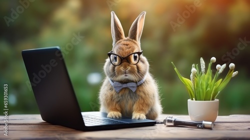Cute bunny rabbit using lap...