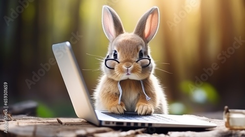 Cute bunny rabbit using lap...