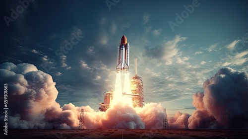 Creative rocket launch through business start up marketing development project planning and 3D rendering