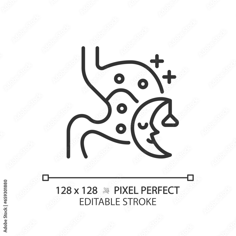 2D pixel perfect editable black digestive system with sleep icon, isolated monochromatic vector, thin line illustration representing metabolic health.