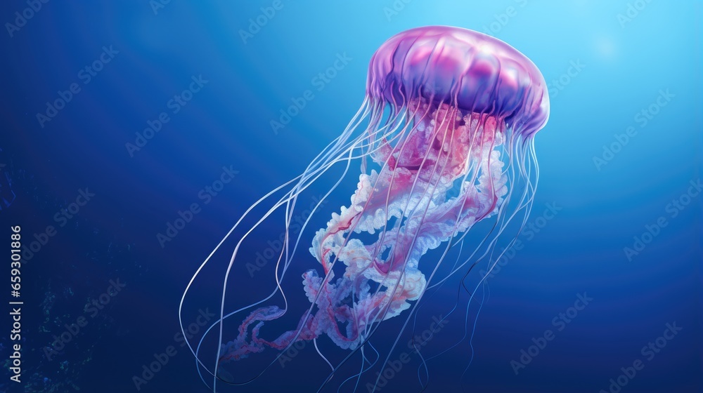 Blue sky backdrop a purple jellyfish with blue tentacles swims in blue water Blue sky backdrop a purple jellyfish with blue tentacles swims in blue water