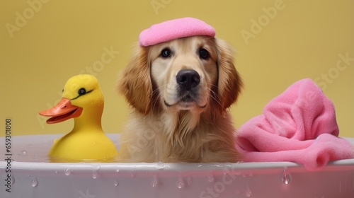 A golden retriever bathes i...