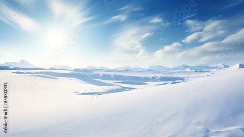 Clear blue sky and bright snow create a winter backdrop outdoors © vxnaghiyev