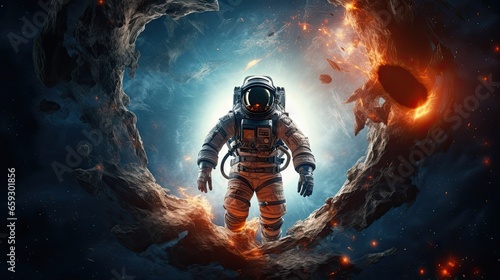Astronaut in spacesuit with stars nebula and galaxy around
