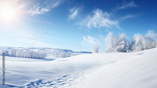 Clear blue sky and bright snow create a winter backdrop outdoors © vxnaghiyev