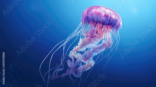 Blue sky backdrop a purple jellyfish with blue tentacles swims in blue water