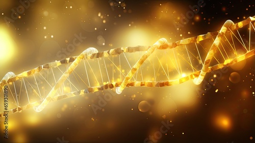 3D digital DNA particles in yellow light on a yellow background